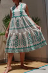 Turquoise Spike Patterns, V Neck Linen Dress