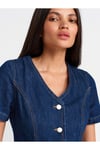 90558 V Yaka Kısa Kollu Denim Elbise-Mavi