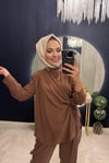 Yakası Taş İşlemeli Takım Kahverengi
