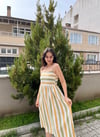 ÇİZGİLİ ASKILI ÖRME ELBİSE HARDAL