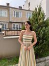 ÇİZGİLİ ASKILI ÖRME ELBİSE HARDAL