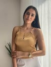 İP ASKILI TAŞ DETAYLI KAHVE BLUZ