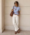 K4538 ÇİÇEK BASKILI MAVİ ÇİZGİLİ T-SHIRT