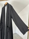 36996 Püskül Detaylı Keten Pardösü-Siyah