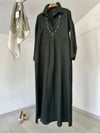 64260 Önü Cepli Basic Keten Elbise-Haki