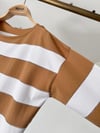 90002 Rayon İplik Çizgili Triko Bluz-Camel