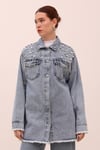 Taş İşlemeli Cepli Denim Ceket-Mavi