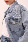 Taş İşlemeli Cepli Denim Ceket-Mavi