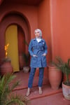 Taş İşlemeli Kemerli Denim Ceket-Koyu Mavi