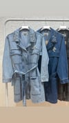 Taş İşlemeli Kemerli Denim Ceket-Koyu Mavi