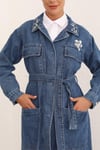 Taş İşlemeli Kemerli Denim Ceket-Koyu Mavi