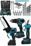 JetVolt 3 lü Set Kömürsüz Motor Çift Akülü Şarjlı Matkap Şarjlı Budama Makası Şarjlı Budama Testeresi - Mavi