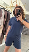 polo yaka lacivert çizgi şort takım