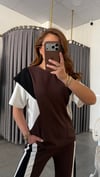 renk bloklu kahve takım