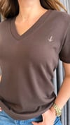 v yaka kuş kahve tshirt