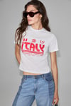 ALGHER Kadın Baskı Desenli Kısa Kollu Organik Pamuklu Bisiklet Yaka Crop Beyaz T-Shirt