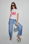 ALGHER Kadın Baskı Desenli Kısa Kollu Organik Pamuklu Bisiklet Yaka Crop Beyaz T-Shirt