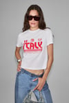 ALGHER Kadın Baskı Desenli Kısa Kollu Organik Pamuklu Bisiklet Yaka Crop Beyaz T-Shirt