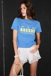 ALGHER Kadın Baskı Desenli Kısa Kollu Organik Pamuklu Bisiklet Yaka Crop Mavi T-Shirt