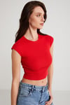 AYRA Kadın Fitilli Görünümlü Slim Fit Vücuda Oturan Bisiklet Yaka Kısa Kollu Crop Kırmızı Büstiyer