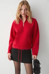 BELLAGIO Kadın Organik Pamuklı Kanguru Cepli Yakası Fermuarlı Kırmızı Sweatshirt