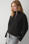 BELLAGIO Kadın Organik Pamuklı Kanguru Cepli Yakası Fermuarlı Siyah Sweatshirt