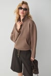 BELLAGIO Kadın Organik Pamuklı Kanguru Cepli Yakası Fermuarlı Kahverengi Sweatshirt