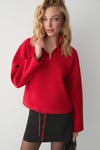 BELLAGIO Kadın Organik Pamuklı Kanguru Cepli Yakası Fermuarlı Kırmızı Sweatshirt