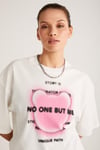 BUG Kadın %100 Organik Pamuklu Baskı Detaylı Oversize Fit Bol Kesim Kısa Kollu Ekru T-Shirt