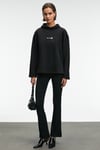 CAMELLIA Kadın Önü Nakışlı Etek Ucu Yırtmaçlı Kapüşonlu Comfort Fit Siyah Sweatshirt