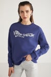 CLOVER Kadın Bisiklet Yaka Varak Baskı Detaylı Lacivert Sweatshirt