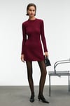 ENCANTO Kadın Yuvarlak Yaka Çizgi Desenli Slim Fit Bordo Elbise