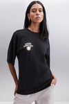 ENYA Kadın Baskı Detaylı Oversize Fit Bol Kesim Bisiklet Yakalı %100 Organik Pamuklu Siyah T-Shirt