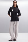 ENYA Kadın Baskı Detaylı Oversize Fit Bol Kesim Bisiklet Yakalı %100 Organik Pamuklu Siyah T-Shirt