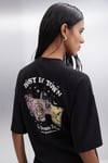ENYA Kadın Baskı Detaylı Oversize Fit Bol Kesim Bisiklet Yakalı %100 Organik Pamuklu Siyah T-Shirt