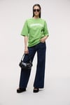 GOJI Kadın %100 Pamuk Baskılı Oversize Fit Bisiklet Yaka Kısa Kollu Yeşil T-Shirt
