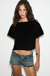 IBERIS Kadın %100 Organik Pamuklu Kayık Yakalı Rahat Kalıp Siyah T-Shirt