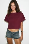 IBERIS Kadın %100 Organik Pamuklu Kayık Yakalı Rahat Kalıp Bordo T-Shirt