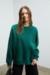 KARIUS Kadın Organik Pamuklu İçi Polarlı Oversize Yuvarlak Yakalı Koyu Yeşil Sweatshirt