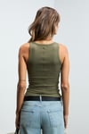 LILLESOL Kadın Fitilli Görünümlü Slim Fit Vücuda Oturan Havuz Yakalı Pamuklu Basic Haki Atlet
