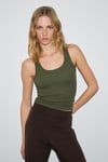 LILLESOL Kadın Fitilli Görünümlü Slim Fit Vücuda Oturan Havuz Yakalı Pamuklu Basic Haki Taşlı Atlet