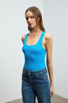 LILLESOL Kadın Fitilli Görünümlü Slim Fit Vücuda Oturan Havuz Yakalı Pamuklu Basic Mavi Atlet