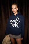 LIORAEN Kadın Baskılı Relaxed Kanguru Cepli Kapüşonlu Lacivert Sweatshirt