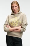 LIORAEN Kadın Baskılı Relaxed Kanguru Cepli Kapüşonlu Taş Rengi Sweatshirt