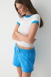 OLYA Kadın Yuvarlak Yakalı Kontrast Yaka Ve Kol Uçlu Mavi - Beyaz T-Shirt