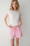 OLYA Kadın Yuvarlak Yakalı Kontrast Yaka Ve Kol Uçlu Beyaz - Pembe T-Shirt
