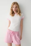 OLYA Kadın Yuvarlak Yakalı Kontrast Yaka Ve Kol Uçlu Beyaz - Pembe T-Shirt