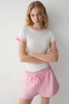 OLYA Kadın Yuvarlak Yakalı Kontrast Yaka Ve Kol Uçlu Beyaz - Pembe T-Shirt