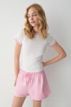 OLYA Kadın Yuvarlak Yakalı Kontrast Yaka Ve Kol Uçlu Beyaz - Pembe T-Shirt