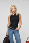ORILENNA Kadın Önü Düğüm Detaylı Vücudu Saran Sıfır Kollu Slim Fit Siyah Bluz